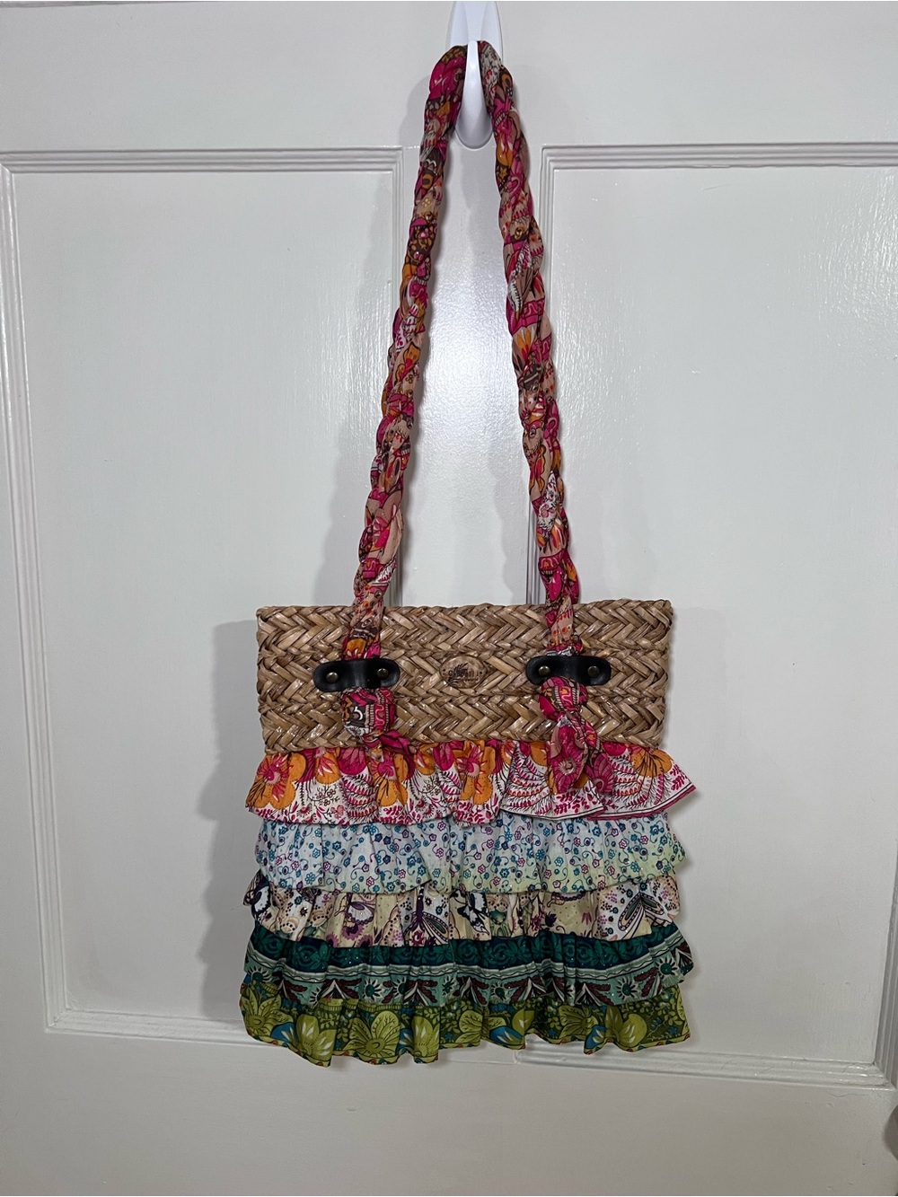 Braided Straw Shoulder Bag with Pink Braided Straps